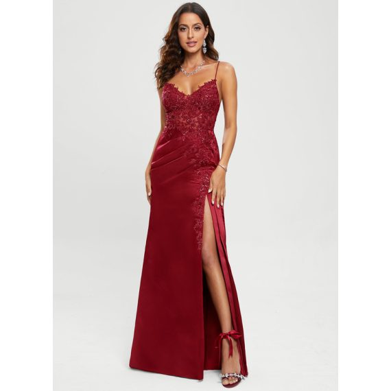 Sheath/Column V-Neck Floor-length Satin Prom Dresses With Sequins