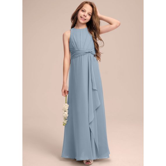A-Line Scoop Floor-Length Chiffon Junior Bridesmaid Dress With Cascading Ruffles