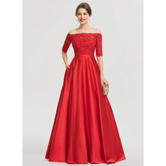 Ball-Gown/Princess Sweetheart Floor-Length Satin Lace Prom Dresses With Beading Sequins