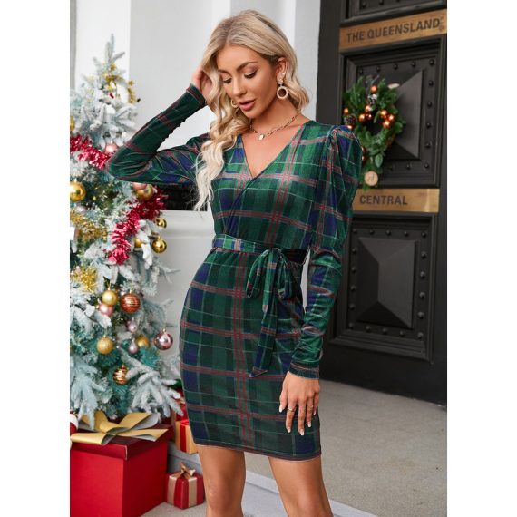 Plaid V-Neck Long Sleeves Elegant Bodycon Velvet Mini Dresses