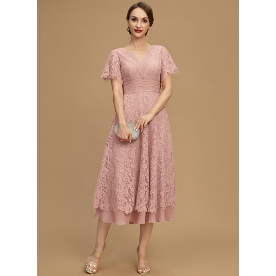A-Line V-neck Tea-Length Chiffon Lace Mother of the Bride Dress With Pleated