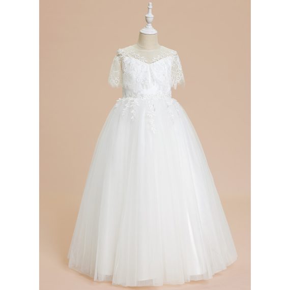 Ball-Gown/Princess Scoop Floor-Length Lace/Tulle Flower Girl Dress