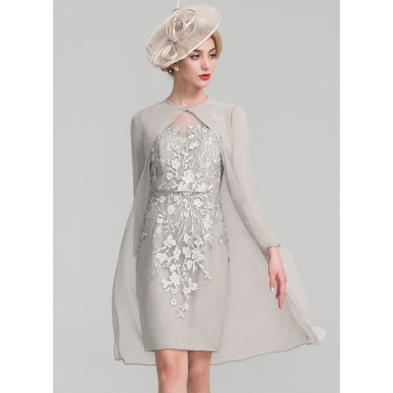 Sheath/Column Scoop Knee-length Chiffon Lace Mother of the Bride Dress With Beading Sequins
