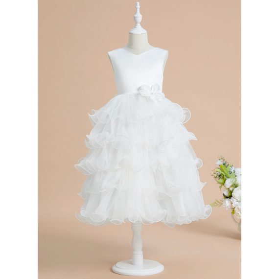 Ball-Gown/Princess V-Neck Tea-Length Satin/Tulle Flower Girl Dress
