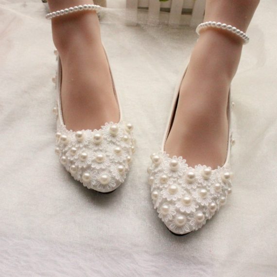 Women's Leatherette Flat Heel Closed Toe With Lace ankle strap Pearl & Imitation Pearl