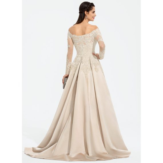 Ball-Gown/Princess Off the Shoulder Sweep Train Lace Satin Prom Dresses With Sequins