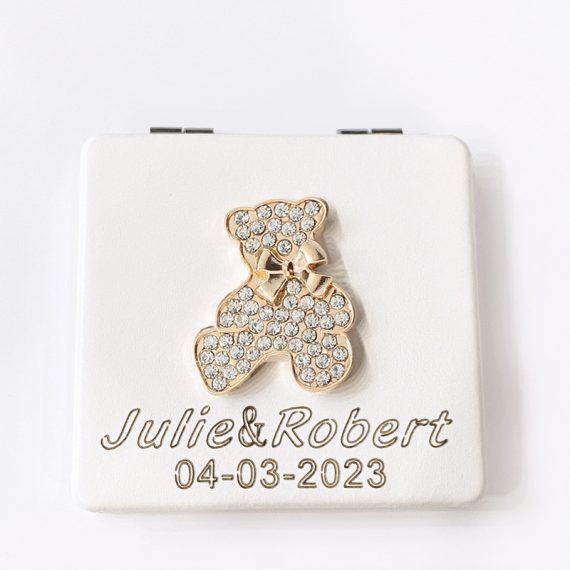 Bridesmaid Gifts - Personalized Beautiful Elegant Attractive Special Fancy Glass Rhinestones Imitation Leather Metal Compact Mirror