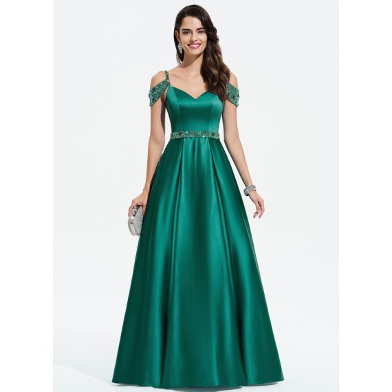 Ball-Gown/Princess V-Neck Floor-length Satin Prom Dresses With Beading Sequins