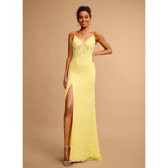 Sheath/Column V-Neck Floor-Length Lace Prom Dresses With Beading