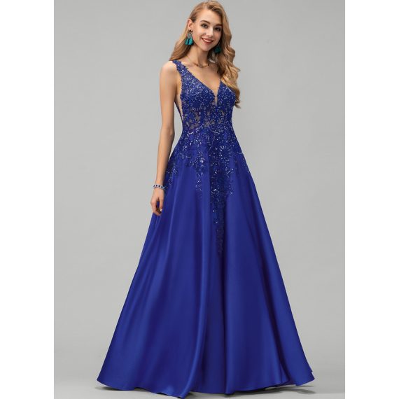A-line V-Neck Floor-Length Satin Prom Dresses With Sequins