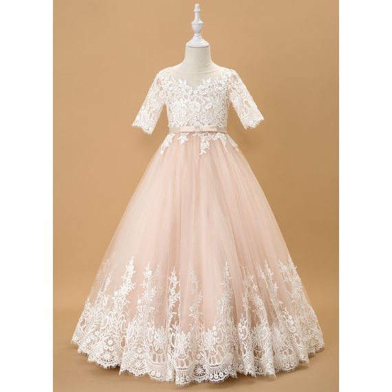 Ball-Gown/Princess Scoop Floor-Length Lace/Tulle Flower Girl Dress