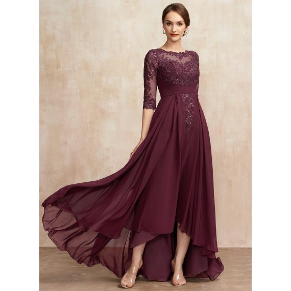 A-Line Scoop Illusion Asymmetrical Chiffon Lace Mother of the Bride Dress With Sequins Pleated