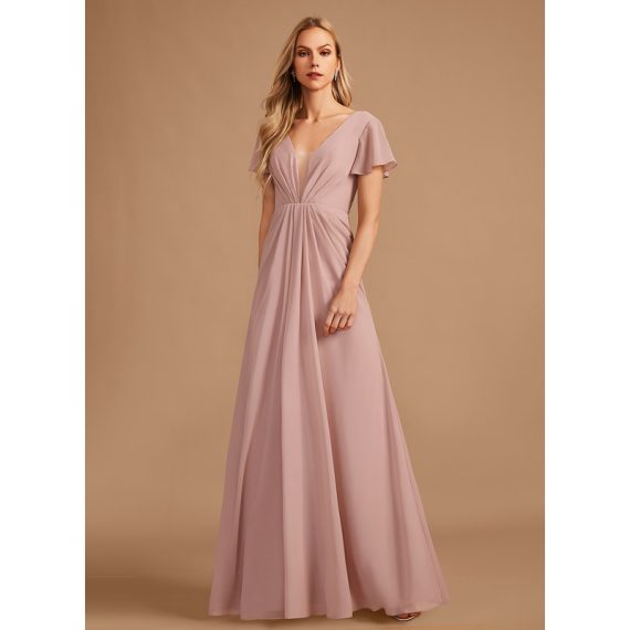 A-Line V-neck Floor-Length Chiffon Bridesmaid Dress With Ruffle