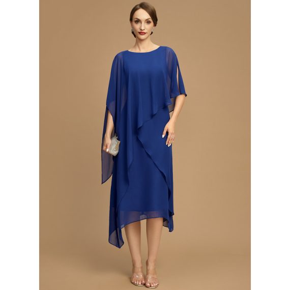 A-line Scoop Tea-length Chiffon Mother of the Bride Dress With Cascading Ruffles