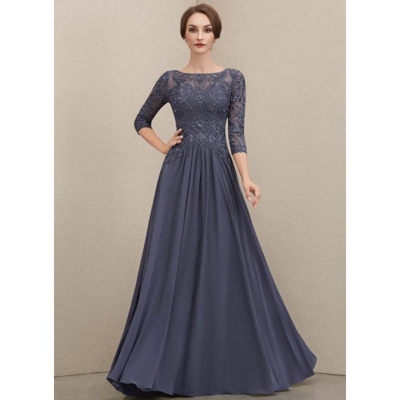 A-Line Boat Neck Illusion Floor-Length Chiffon Lace Mother of the Bride Dress With Beading Sequins