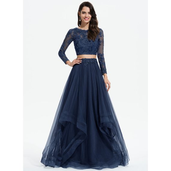 Ball-Gown/Princess Scoop Floor-length Tulle Prom Dresses With Beading Sequins