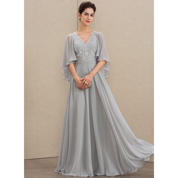 A-Line V-neck Floor-Length Chiffon Lace Mother of the Bride Dress With Beading Sequins