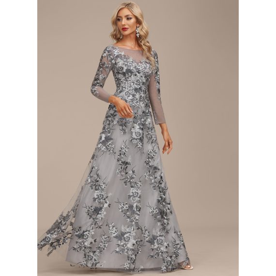 A-Line Boat Neck Illusion Floor-Length Lace Evening Dress