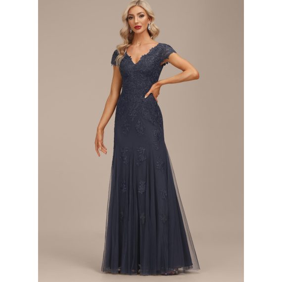 Trumpet/Mermaid V-neck Floor-Length Tulle Lace Evening Dress With Rhinestone
