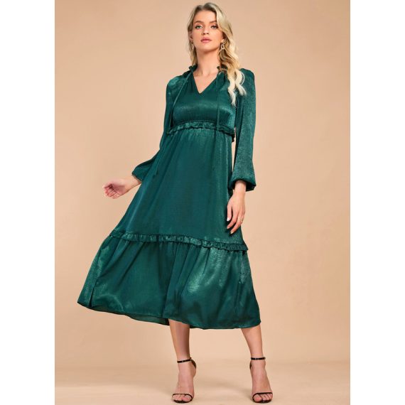 V-Neck Long Sleeves Elegant A-line Satin Midi Dresses