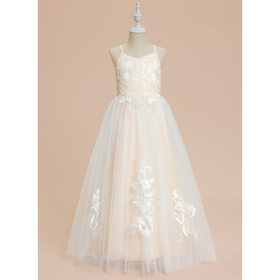 A-line V-Neck Floor-Length Lace/Tulle Flower Girl Dress