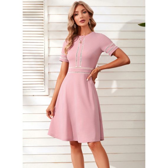 Round Neck Short Sleeves Elegant A-line Cotton Blends Midi Dresses