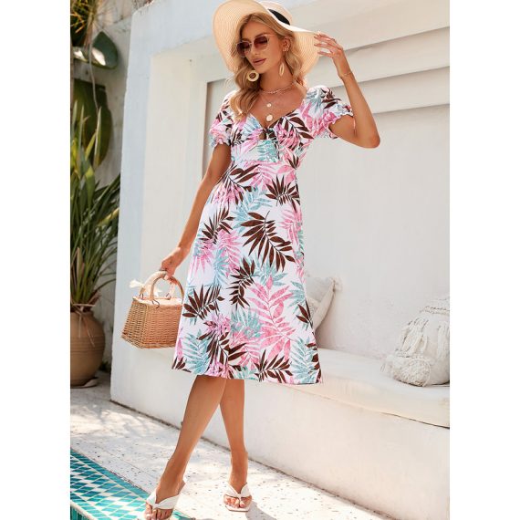 Square Neck Short Sleeves Elegant A-line Chiffon Midi Dresses