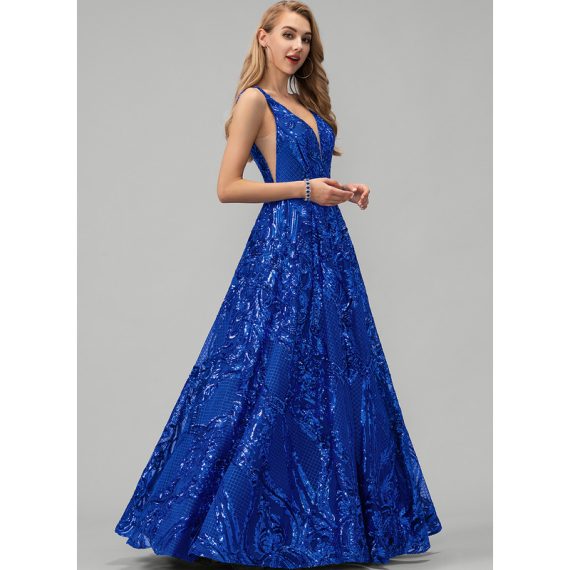 A-Line V-neck Floor-Length Sequined Prom Dresses With Sequins
