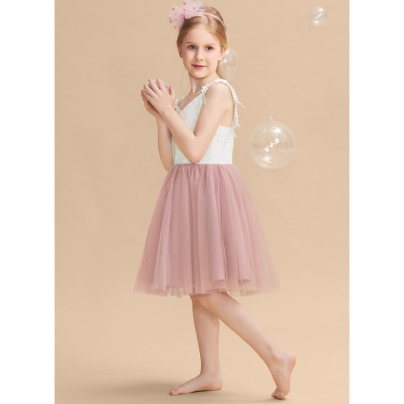A-line V-Neck Knee-Length Lace/Tulle Flower Girl Dress