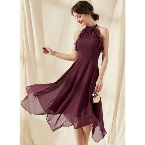 A-Line Scoop Tea-Length Chiffon Bridesmaid Dress With Cascading Ruffles