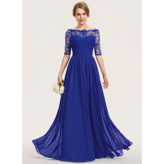 A-Line Off-the-Shoulder Floor-Length Chiffon Lace Bridesmaid Dress With Ruffle