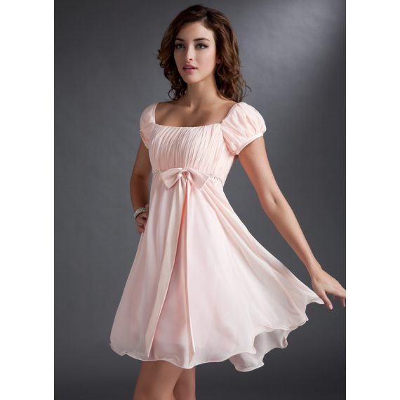 A-Line Square Short/Mini Chiffon Satin Homecoming Dress With Ruffle Beading Bow(s)