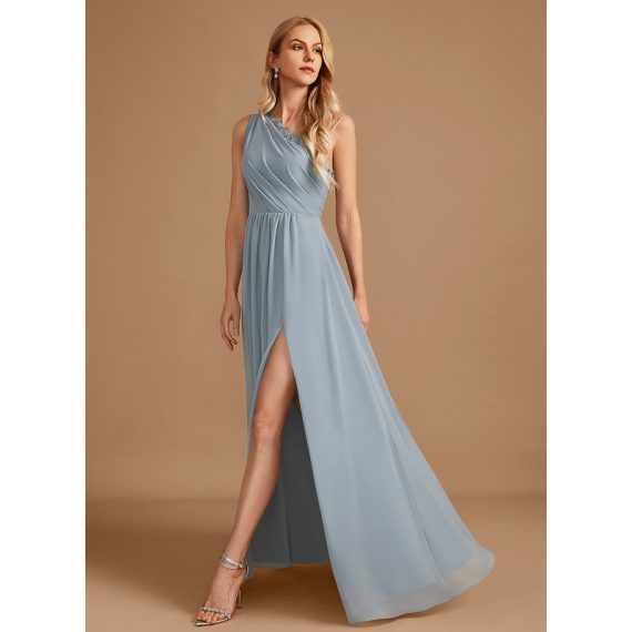 A-Line One-Shoulder Floor-Length Chiffon Bridesmaid Dress With Lace Sequins