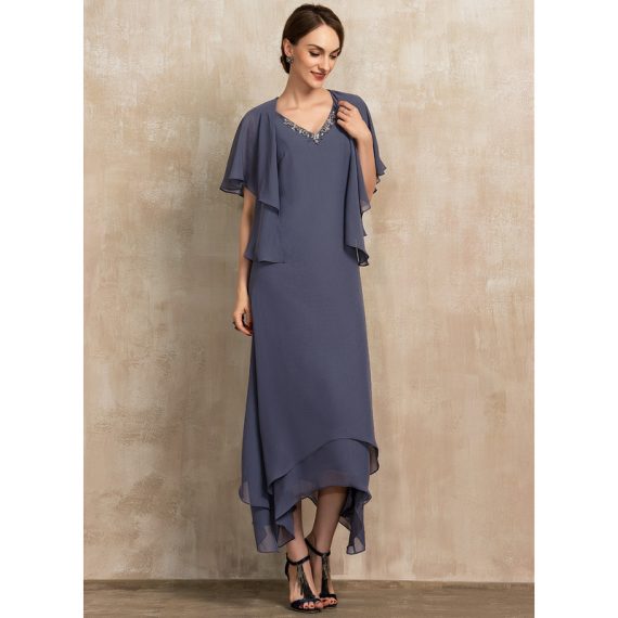 A-line V-Neck Ankle-length Chiffon Cocktail Dress With Beading