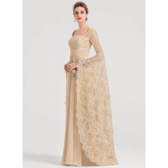 A-line Square Floor-Length Chiffon Lace Wedding Dress With Beading Pleated