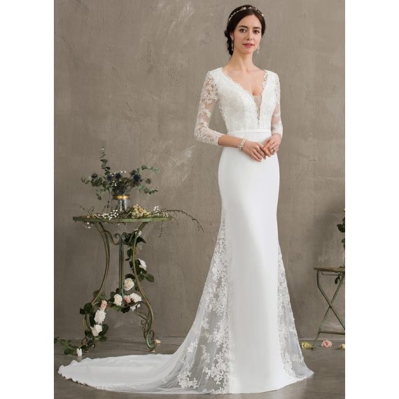 Trumpet/Mermaid V-neck Chiffon Lace Wedding Dress With Beading Sequins