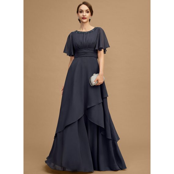 A-Line Scoop Floor-Length Chiffon Mother of the Bride Dress With Beading Sequins Pleated