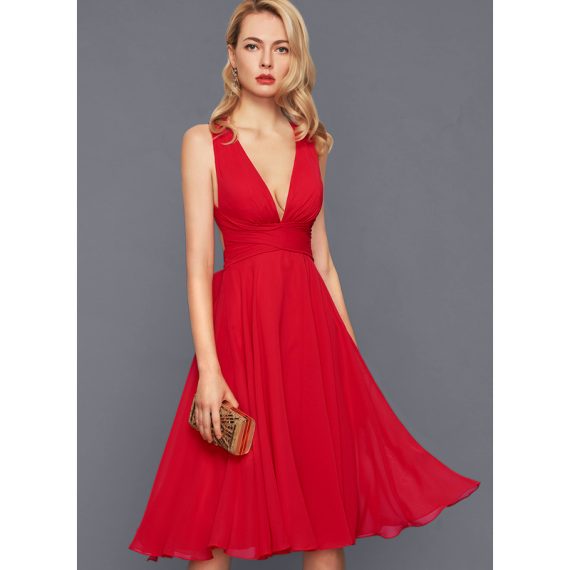 A-Line V-neck Knee-Length Chiffon Cocktail Dress With Ruffle Bow(s)