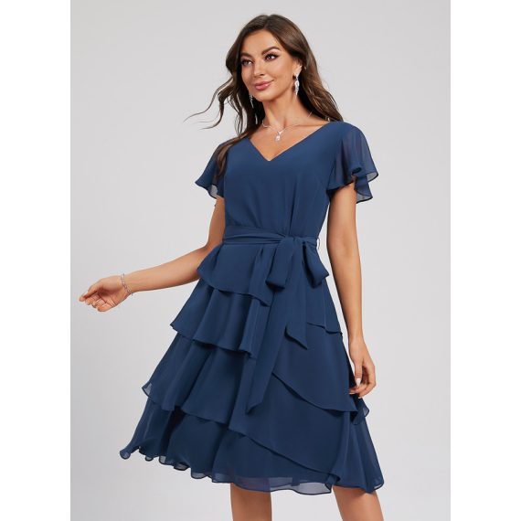 A-Line V-neck Knee-Length Chiffon Cocktail Dress With Ruffle