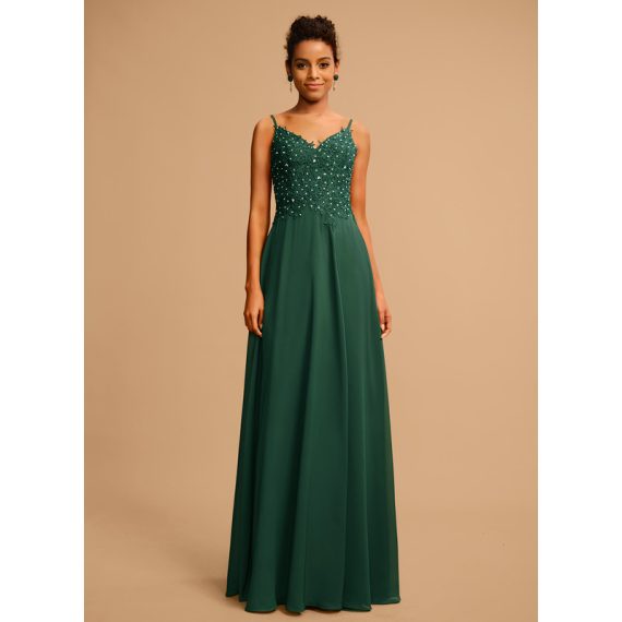 A-Line V-neck Floor-Length Chiffon Lace Prom Dresses With Beading Sequins