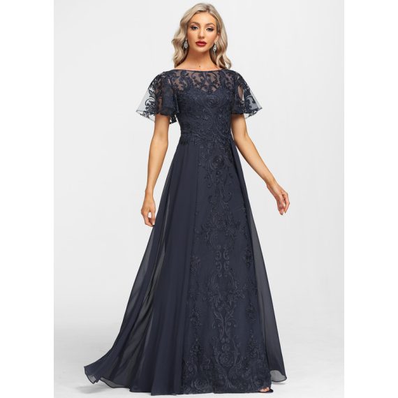 A-Line Scoop Illusion Floor-Length Chiffon Lace Evening Dress