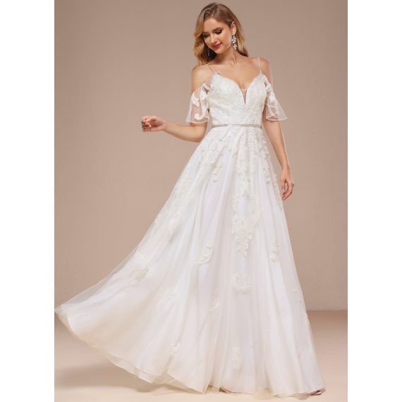 A-line Cold Shoulder Floor-Length Lace Tulle Wedding Dress With Beading Sequins