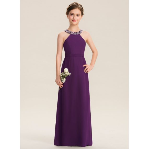 A-Line Halter Floor-Length Chiffon Junior Bridesmaid Dress With Beading Bow(s)