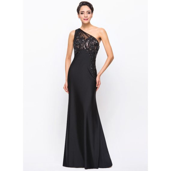 Sheath/Column One-Shoulder Floor-Length Tulle Charmeuse Jersey Evening Dress With Beading Appliques Lace
