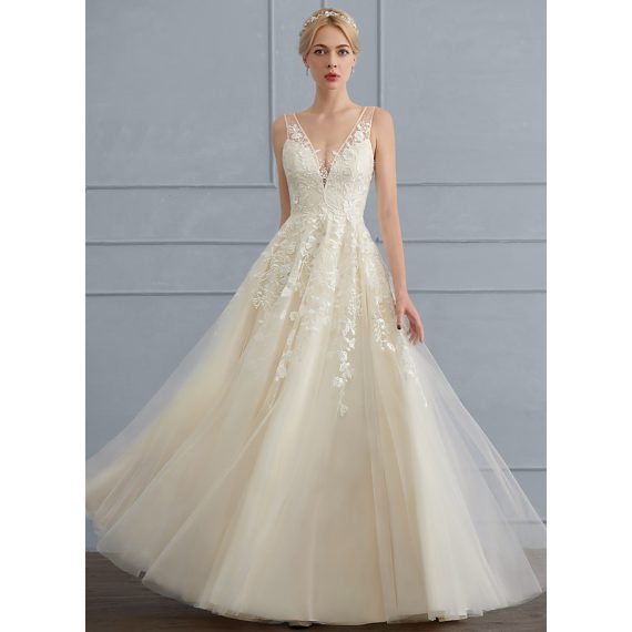 A-Line V-neck Floor-Length Tulle Lace Wedding Dress With Beading Sequins