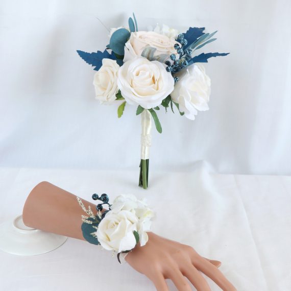 Romantic Round Silk Flower Wedding Bouquet sets (set of 2) - Wrist Corsage/Bridal Bouquets