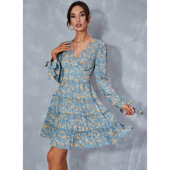 V-Neck Long Sleeves Vacation A-line Chiffon Mini Dresses