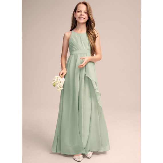 A-Line Scoop Floor-Length Chiffon Junior Bridesmaid Dress With Cascading Ruffles