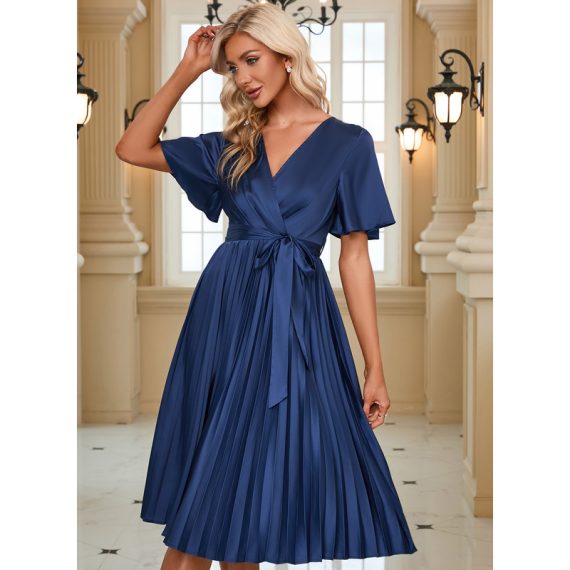 V-Neck Short Sleeves Elegant A-line Satin Midi Dresses