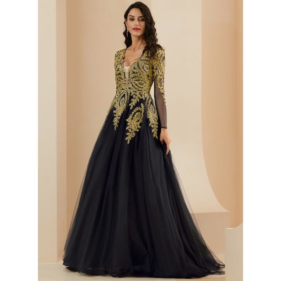 Ball-Gown/Princess V-Neck Sweep Train Lace Prom Dresses With Sequins